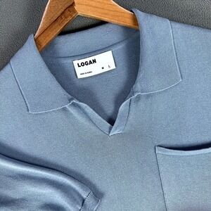 Logan Polo Shirt Mens Large Blue Johnny Collar Sweater Knit Minimalist Prep
